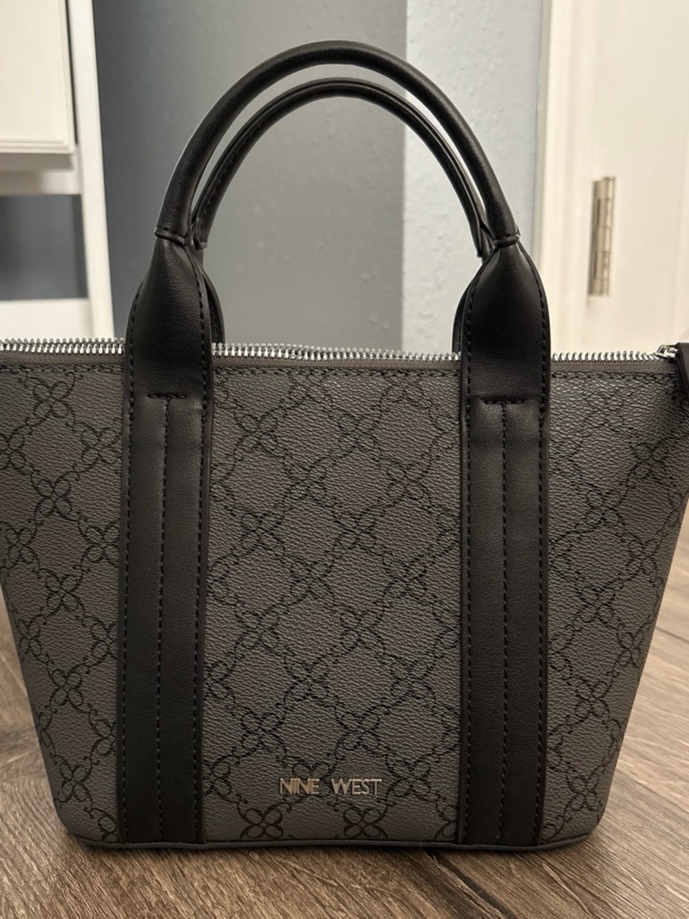 Nine West Gray Logo-Pattern Top-Handle Tote with Black Trim